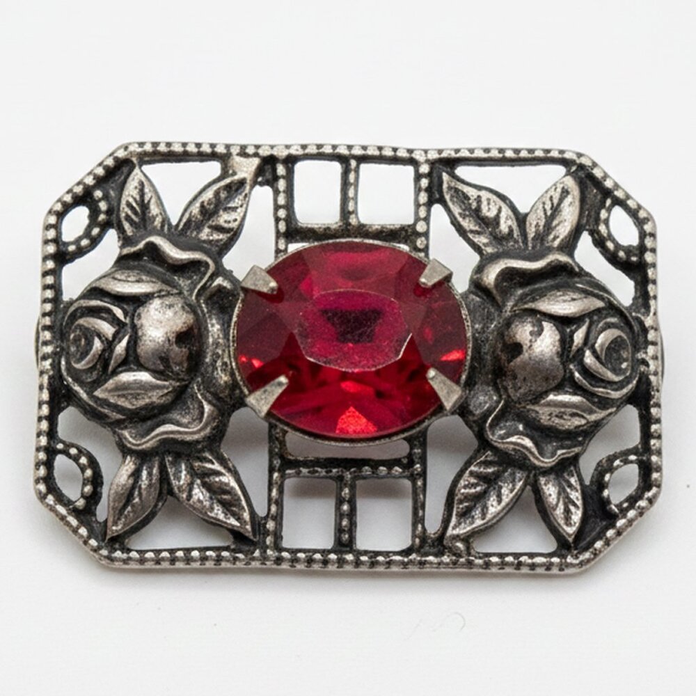 Vintage Art Deco Filigree Rose Brooch - Ruby Red Glass Stone